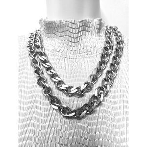 Chunky Silver Tone Necklace Double Strand Curb Chain Statement Industrial Chic